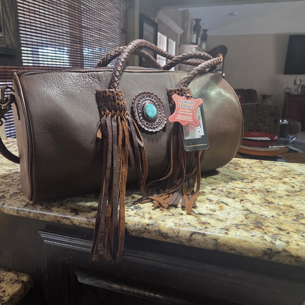 American Darling Brown Leather Shoulder Bag with Fringe and Turquoise Accent
